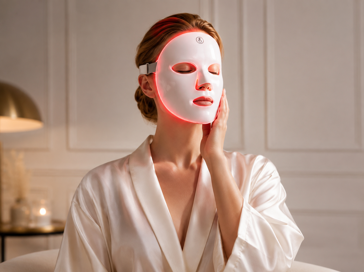 Femme en peignoir de soie portant le masque LED LUNA.7 en luminothérapie rouge